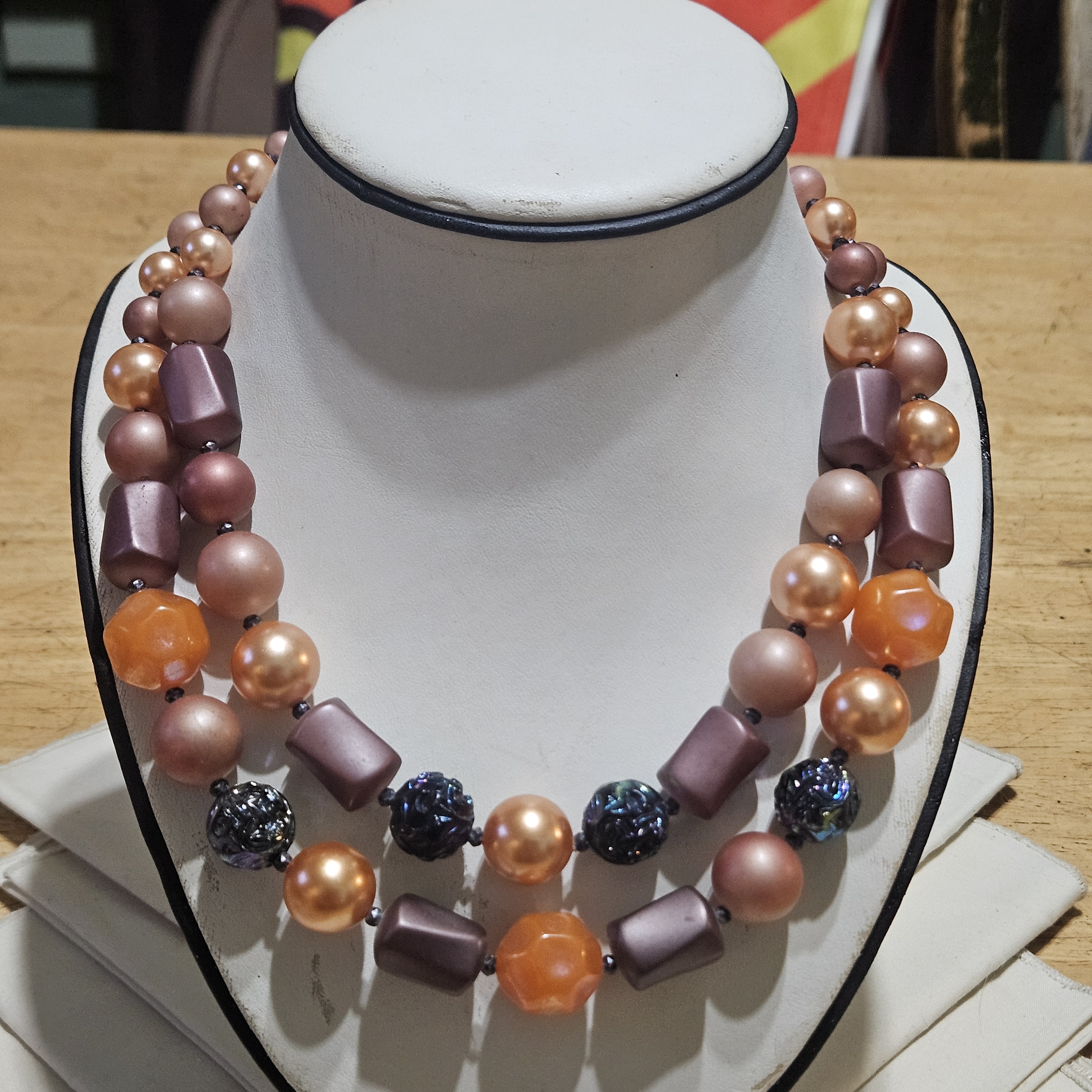 Vintage Double-Strand Shades Pink/Orange/Mauve Pearl Necklace